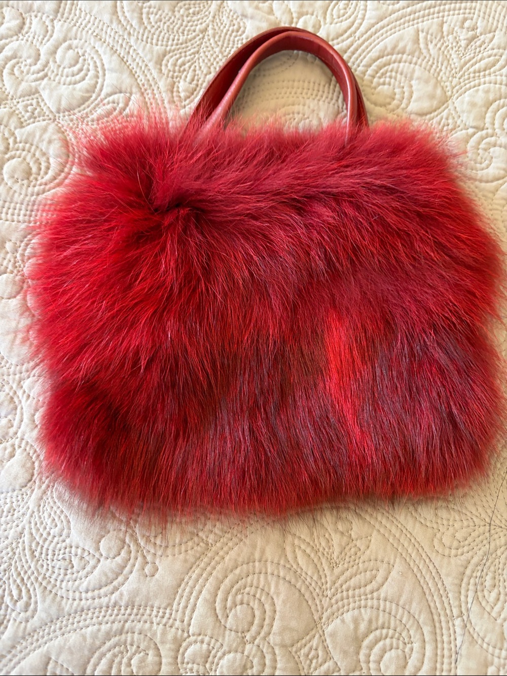 Red Fur Lined Handbag with Top Handles